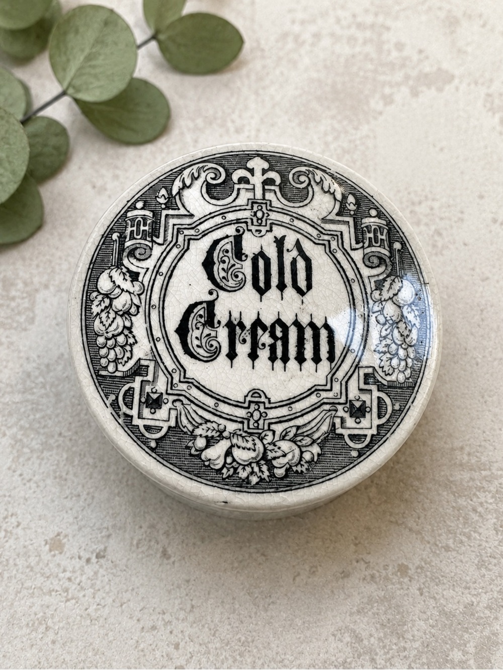 Antique Victorian‎ Cold Cream Pot Black White Apothecary Vanity 1890s